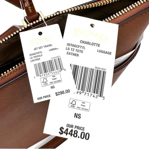 Michael Kors Large Charlotte Tote Bag & Large Trifold Wallet Luggage Brown Set - Picture 15 of 15